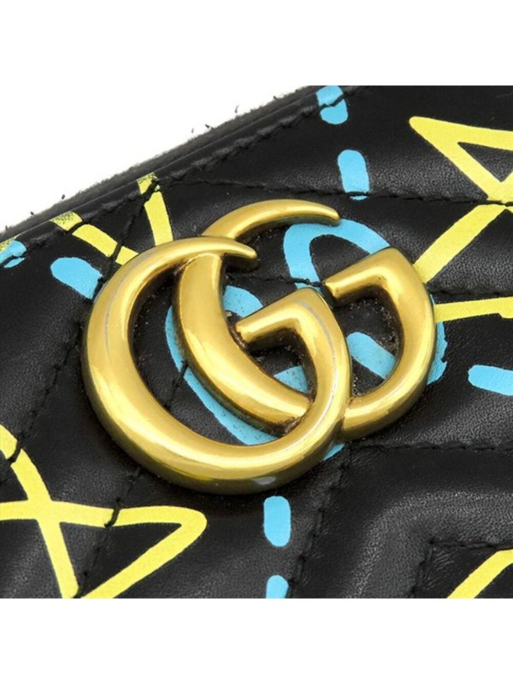 Gucci Wallet Ghost Zip Around Leather Black Yellow Blue Vintage GG Star Doodle - Picture 6 of 12